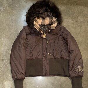 Women's Dark Brown Puffer Jacket with Faux Fur Hood